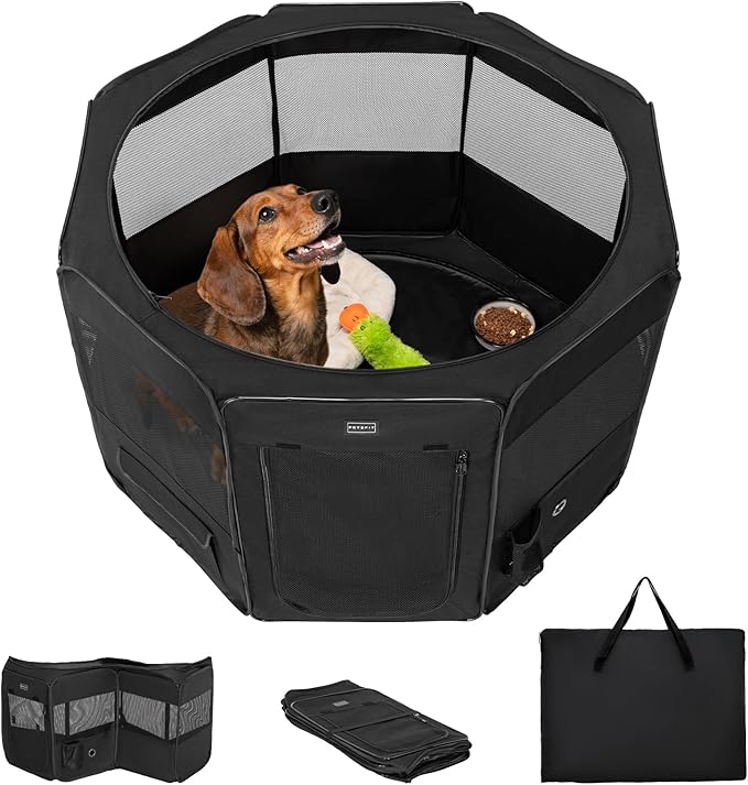 PETSFIT Portable Dog Playpen,36" Dog Play Pen Indoors with Removable Waterproof Mat &amp; Zippered Roof | RV, Camping, Travel Dog Pen | Whelping &amp; Cat Observation Space(36" L x 36" W x 21" H)