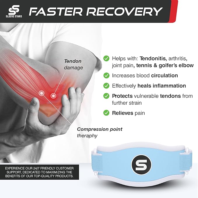 Sleeve Stars Tennis Elbow Brace for Men &amp; Women, Tendonitis Elbow Brace &amp; Strap Golfers Elbow Brace Counterforce Band for Tendon Pain Relief &amp; Support for Forearm w/ 3 Straps Fits 9-23" (Pair/Light Blue)