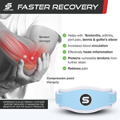 Sleeve Stars Tennis Elbow Brace for Men &amp; Women, Tendonitis Elbow Brace &amp; Strap Golfers Elbow Brace Counterforce Band for Tendon Pain Relief &amp; Support for Forearm w/ 3 Straps Fits 9-23" (Pair/Light Blue)