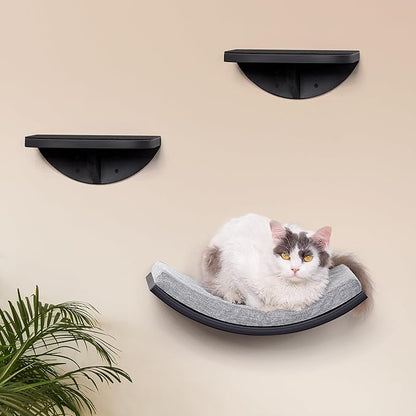 Curved Cat Wall Hammock Bed with Grey Foam Cushion – Floating Cat Wall Shelf Nest for Climbing, Sleeping &amp; Lounging