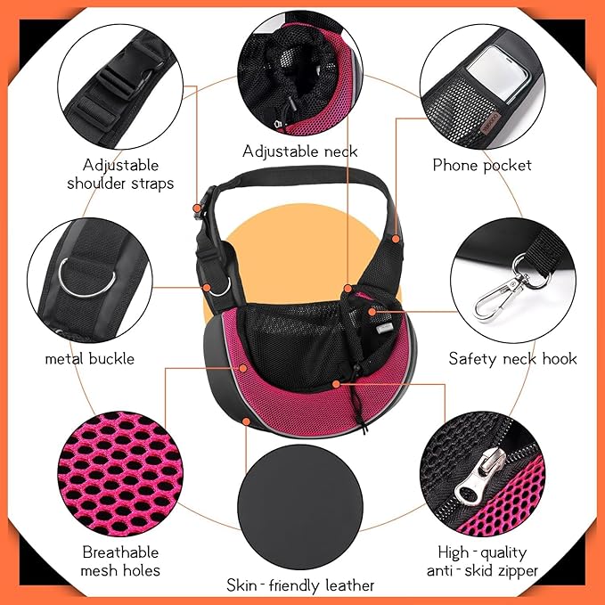 YUDODO Pet Sling Carrier for Small Dogs &amp; Cats – Hands-Free Puppy Carrier with Safety Hook, Large Zipper Pocket, Soft Breathable Mesh, Adjustable Strap &amp; Reflective Strip (Pink 3.0 S)