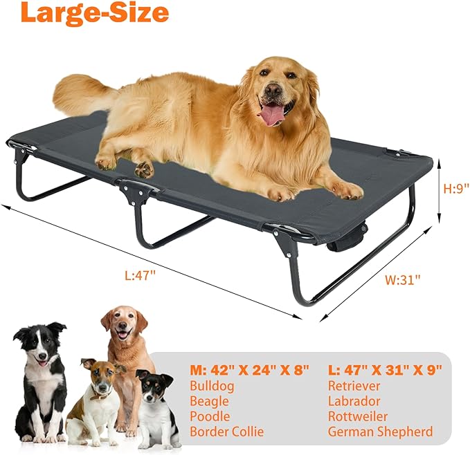 Elevated Dog Bed for Large Pet with No-Slip Feet, Foldable Portable Washable Raised Bed for Indoor&amp;Outdoor Camping Dog Cot, with Cooling Waterproof Breathable Mesh (Large, Black-Textilene)