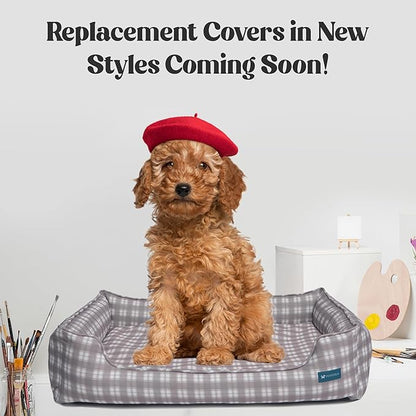 Orthopedic Bolster Dog Bed – CertiPUR-US Foam, Recycled Polyester Canvas, Washable Cover, Anti-Slip Bottom, Large, Light Blue Check – Stylish Designer Dog Sofa
