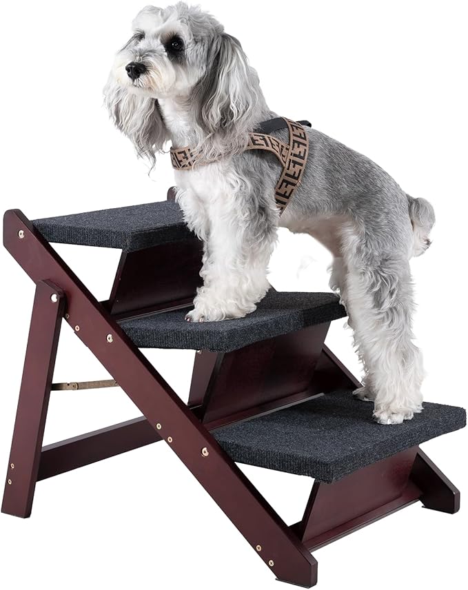 MEWANG Wooden Pet Stairs/Pet Steps - 3-in-1 Foldable Stairs &amp; Ramp for Beds and Cars - Portable Dog/Cat Ladder Up to 220 Pounds - Great for Small and Older Animals(Brown) (24.8" L x 17.2" W x 19.5" H)