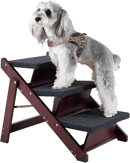 MEWANG Wooden Pet Stairs/Pet Steps - 3-in-1 Foldable Stairs &amp; Ramp for Beds and Cars - Portable Dog/Cat Ladder Up to 220 Pounds - Great for Small and Older Animals(Brown) (24.8" L x 17.2" W x 19.5" H)