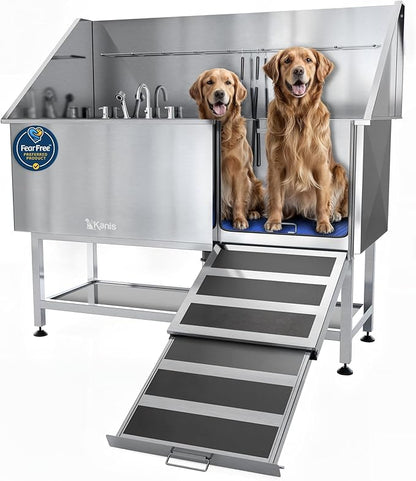 KANIS Professional Dog Washing Station - 304 Stainless Steel Pet Wash Sink &amp; Grooming Bath Tub for Home with Ramp, Shower, Floor Grate, Storage Shelf, Faucet, Drain Kit for Large, Medium &amp; Small Pets