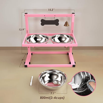 SHAINFUN Elevated Bowls for Small and Medium Dogs, Raised Stand With 2 Stainless Steel Food &amp; Water Bowls, Adjustable Height Feeder for Puppy &amp; Cats, Cute Pink