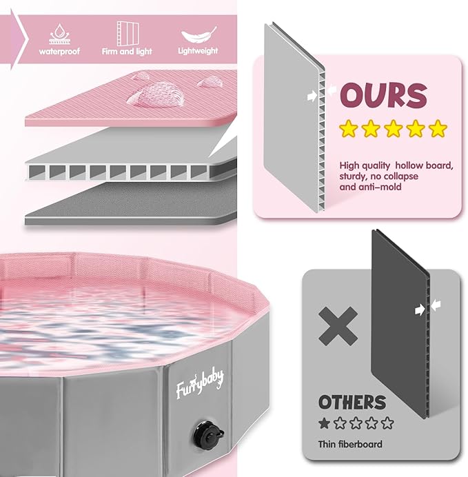 Furrybaby Dog Pool, Foldable Dog Pools for Large Dogs Portable Kiddie Pool Pet Doggie Wading Swimming (Pink 63&