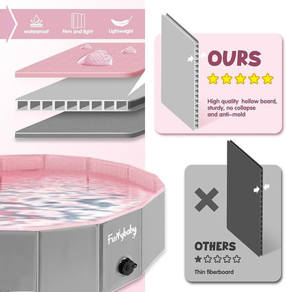Furrybaby Dog Pool, Foldable Dog Pools for Large Dogs Portable Kiddie Pool Pet Doggie Wading Swimming (Pink 63&