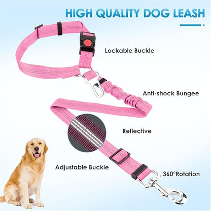 Lukovee Dog Seatbelt Leash for Cars, 2 Pack Pet Safety Seat Belt with Adjustable Buckle &amp; Reflective Bungee, Connect Dog Harness in Vehicle Dogs Restraint Travel Daily Use (Pink)