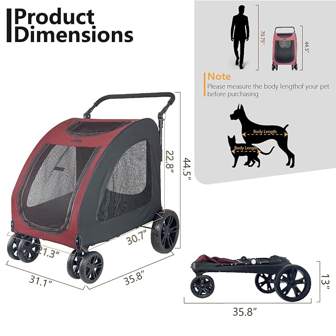 Extra Large Dog Stroller for Medium &amp; Large Pets - Foldable Design, Adjustable Handle, Up to 130 lbs(Red)