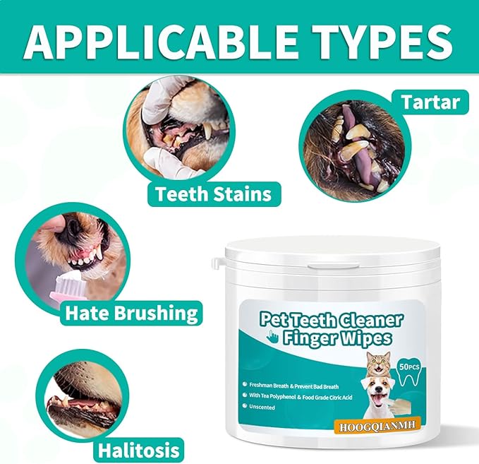 Pet Dental Finger Wipes for Dogs &amp; Cats | Teeth Cleaning Wipes with Natural Formula | Remove Plaque &amp; Tartar | Fresh Breath, Safe &amp; Gentle (50 Count)