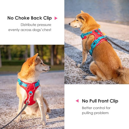 PHOEPET No Pull Dog Harness, Unique Colors Reflective Adjustable Dog Vest, with Soft Training Handle Metal Clips for Small Medium Large Dogs (Red Base &amp; Teal Straps,L)