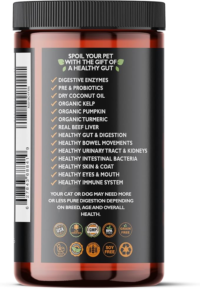 Dog &amp; Cat Premium Probiotic Prebiotic &amp; Digestive Enzymes 5 Billion CFU Organic Turmeric Coconut Oil Pure Pumpkin &amp; Kelp for Healthy Bowels Gut &amp; UTIs Beef Liver Flavor