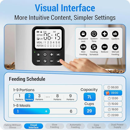 Automatic Cat Feeder with Slow Feed for 2 Cats: Timed Automatic Dog Feeder with Information Visualization Interface, Cat Food Dispenser for Multiple Pets, Detachable for Easy Cleaning-29 Cup