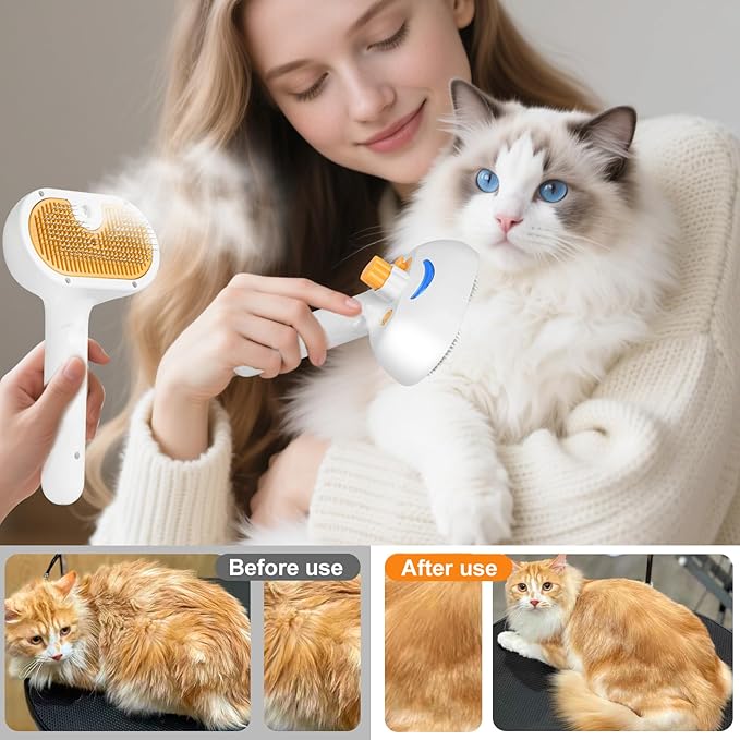 Cat Steam Brush, Pet Steam Brush for Cat &amp; Dog, Mist Spray Comb, Spritz Defur Tool, Water Grooming Kit, Dog Hair Removal Steam Cleaner with Release Button