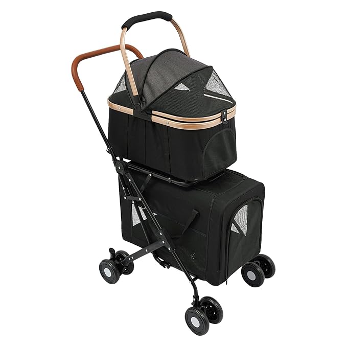 Foldable Pet Stroller for Small &amp; Medium Dogs, Double Dog &amp; Cat Stroller with 3-in-1 Travel System, Detachable Pet Carrier with Wheels for Cats and Dogs up to 77 lbs, Black