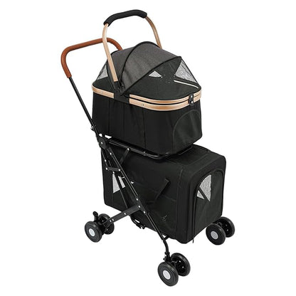 Foldable Pet Stroller for Small &amp; Medium Dogs, Double Dog &amp; Cat Stroller with 3-in-1 Travel System, Detachable Pet Carrier with Wheels for Cats and Dogs up to 77 lbs, Black