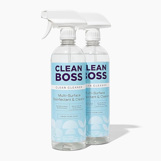 CleanBoss Botanical Disinfectant - 24 oz (Pack of 2) - Multi-Surface Cleaner - Kills 99.9% of Germs + Cold &amp; Flu Viruses - Fresh Thyme Scent - No Rinse on Food Contact Surfaces - Pet Friendly