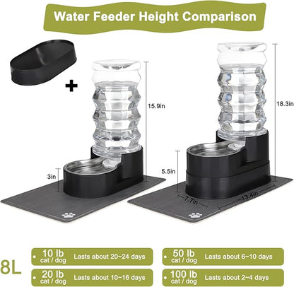 RIZZARI Large Water Dispenser for Dogs: 8L Automatic Stainless Steel Black Gravity Raised Pet Feeder for Pet Dogs Indoor/Outdoor