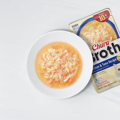 INABA Churu Broth for Cats Senior 10+, Side Dish Pouch, 1.4 Ounces per Pouch, 12 Pouches Total, Chicken &amp; Tuna Recipe
