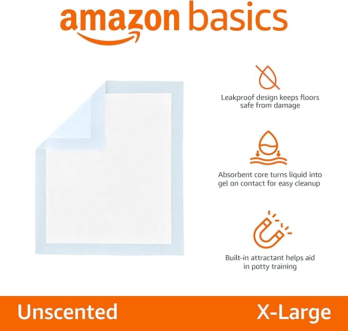 Amazon Basics Puppy Pads with Quick-Dry 5-Layer Leak-Proof Design for Potty Training, X-Large Size 28 x 34 Inch, Pack of 40, Blue &amp; White