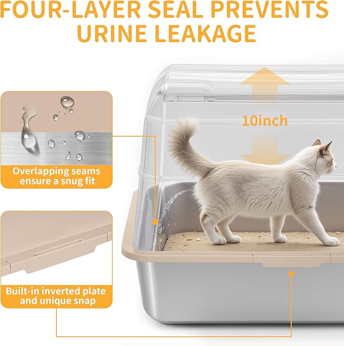 Stainless Steel Litter Box with Lid, XL Extra Large Cat Litter Box, Enclosed Metal Litter Pan with High Sided Enclosure &amp; Scoop, Anti Leakage, Easy to Clean, Odor Control(Khaki)