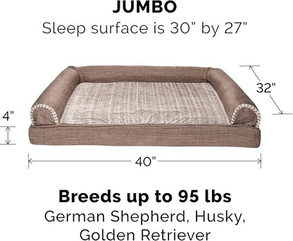 Furhaven Cooling Gel Dog Bed for Large Dogs w/ Removable Bolsters &amp; Washable Cover, For Dogs Up to 95 lbs - Luxe Faux Fur &amp; Performance Linen Sofa - Woodsmoke, Jumbo/XL
