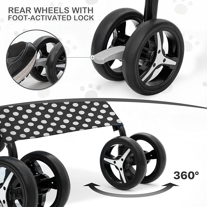 MoNiBloom 4 Wheels Pet Stroller, Easy-Fold Umbrella Shaped Dog Cat Jogger Stroller w/Storage Bag &amp; Visible Mesh for Small/Medium Dogs Cats Black Polka Dots