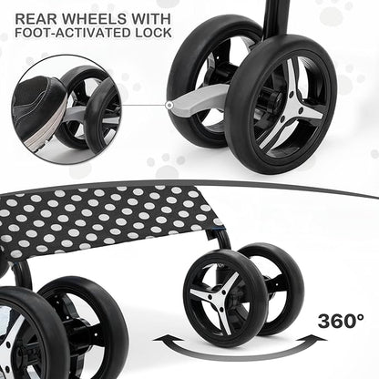 MoNiBloom 4 Wheels Pet Stroller, Easy-Fold Umbrella Shaped Dog Cat Jogger Stroller w/Storage Bag &amp; Visible Mesh for Small/Medium Dogs Cats Black Polka Dots