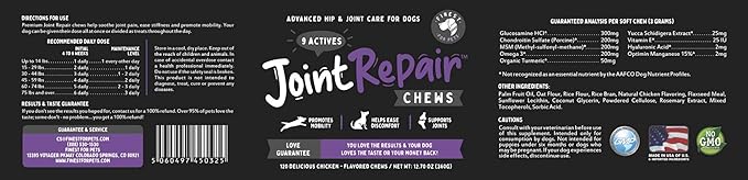 Joint Repair Hip and Joint Chews for Dogs - Finest for Pets Glucosamine, Chondroitin, MSM, Omega 3 &amp; Turmeric for Dog Joint Support, Mobility &amp; Pain Relief - (120 Chicken Flavored Chews, Made in USA)