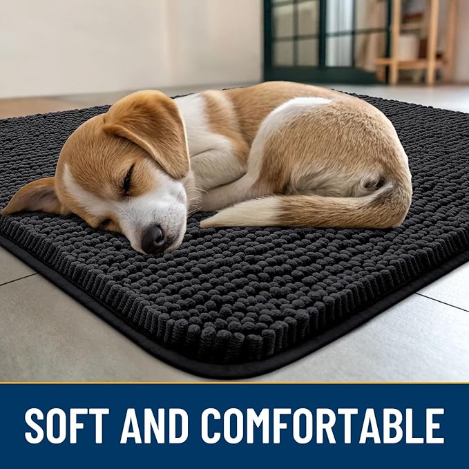 Smiry Dog Door Mat for Muddy Paws 47x24, Absorbs Moisture and Dirt Doormat, Non-Slip Washable Quick Dry Chenille Front Door Mat Indoor Entrance, Entryway Carpet for Inside Floor, Black