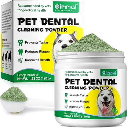 Dog Dental Powder, 120g Teeth Cleaning Powder for Dogs, Breath Freshener with Probiotics Improve Bad Breath, Remove Plaque &amp; Tartar - Pets Dental Care Supplement for Dogs - 4.23 OZ/Scoop Included