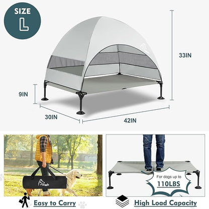 Upgraded Elevated Dog Bed with Canopy, Portable Raised Outdoor Dog Bed with Stable Anti-Slip Feet, Removable Wider Shade, Raised Dogs Cot for Large Pets Camping, Indoor &amp; Outdoor Use