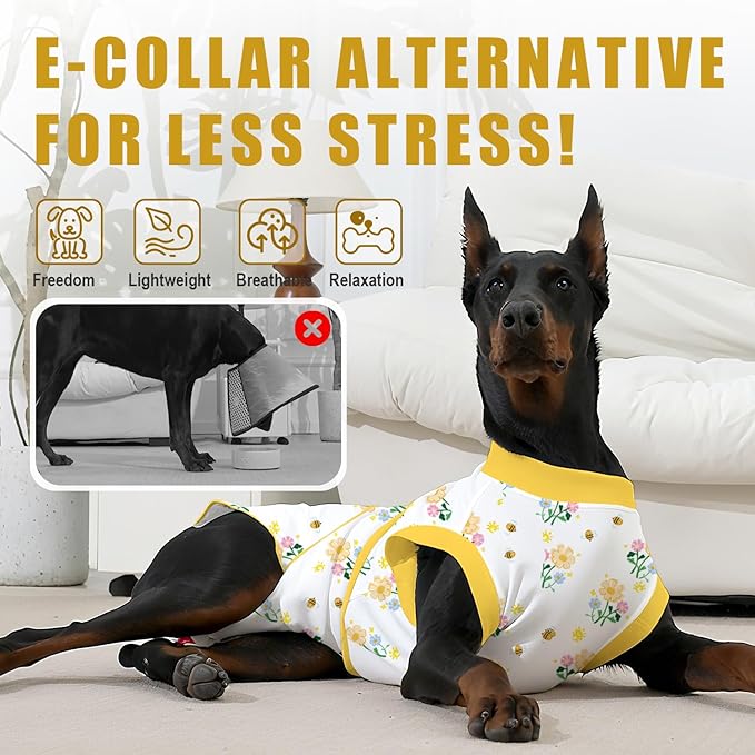 Recovery Suit for Dogs After Surgery, Professional Dog Surgical Suit for Female Spay, Male Neuter, E-Collar &amp; Cone Alternative Dog Onesie for Abdominal Wounds Skin Disease, Yellow, XS