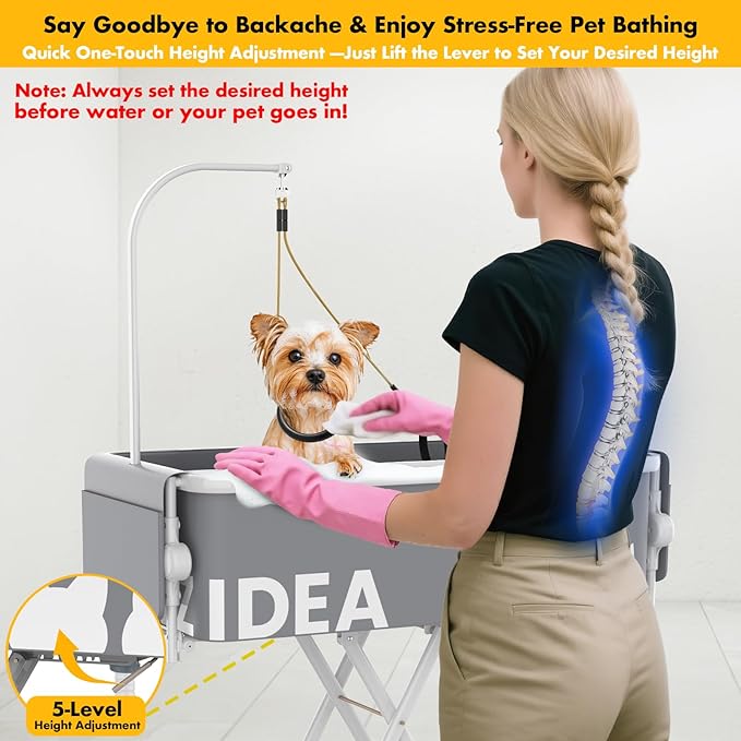 PAWZIDEA 2-in-1 Portable Dog Bathtub &amp; Grooming Table, 33" Foldable Pet Washing Station for Small Medium Dogs Cats, Elevated Tubs for Bathing Shower Indoor Outdoor, 5 Height Adjustable, Storage Pocket