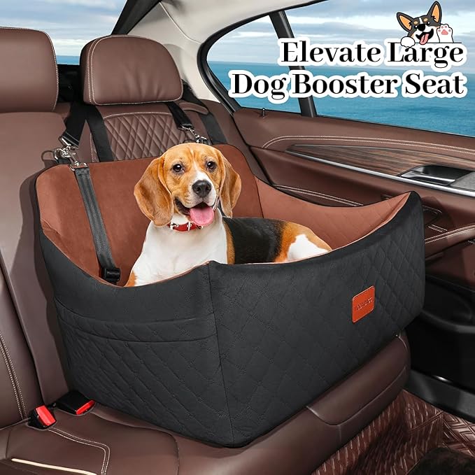 Dog Car Seat for Medium &amp; Large Dogs Up to 55lbs, Memory Foam Cushion, Washable Cover, Safety Straps &amp; Non-Slip Bottom(Black/Brown,Large)