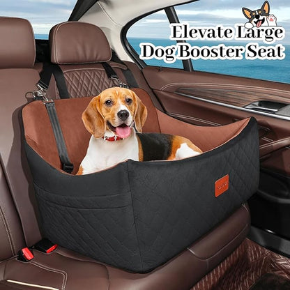 Dog Car Seat for Medium &amp; Large Dogs Up to 55lbs, Memory Foam Cushion, Washable Cover, Safety Straps &amp; Non-Slip Bottom(Black/Brown,Large)