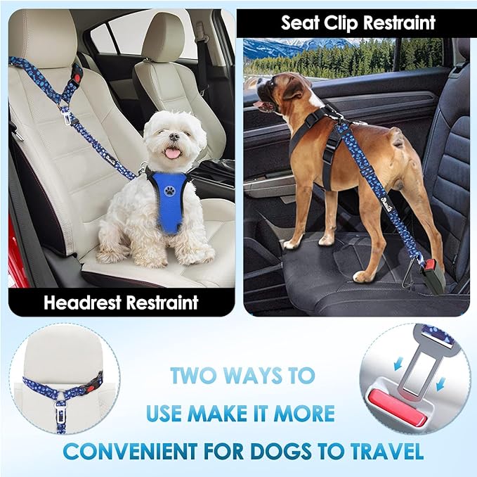 Lukovee Dog Seatbelt Leash for Cars, 2 Pack Pet Safety Car Seat Belt with Adjustable Buckle &amp; Reflective Bungee, Connect Dog Harness in Vehicle Car Dogs Restraint Travel Daily Use (Blue Paw)