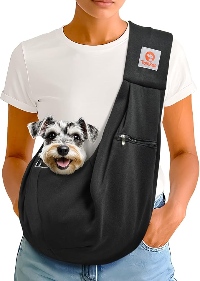 Tomkas Small Dog Sling Carrier - Zipper Pocket &amp; Classic Strap - for 3-10 lbs Pets(Black)