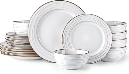 GBHOME Ceramic Dinnerware Sets,18 pcs Embossed Elegant Stoneware Plates and Bowls Sets, Housewarming Wedding Gift | Dishwasher &amp; Microwave Safe | Dishes Set Service for 6