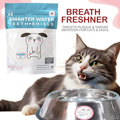 Dog Breath Freshener Powder for Water – Cat &amp; Dog Dental Care Water Additive, Natural Plaque &amp; Tartar Remover, Bad Breath Eliminator, Easy No-Brush Oral Hygiene – 45 Servings, Vet Recommended