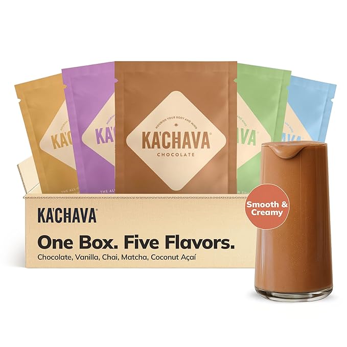 Ka’Chava All-In-One Nutrition Shake Blend, 5 Flavor Sample Pack, 5 Servings, 85+ Superfoods &amp; Nutrients, Meal Replacement, Greens Plant-Based Superfood Powder Protein Drink, Digestive Enzymes &amp; Probiotics, Vegan Dairy Gluten Free
