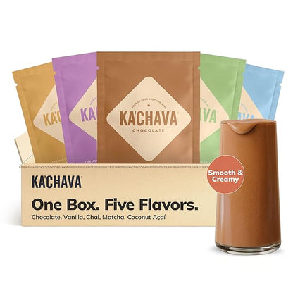 Ka’Chava All-In-One Nutrition Shake Blend, 5 Flavor Sample Pack, 5 Servings, 85+ Superfoods &amp; Nutrients, Meal Replacement, Greens Plant-Based Superfood Powder Protein Drink, Digestive Enzymes &amp; Probiotics, Vegan Dairy Gluten Free