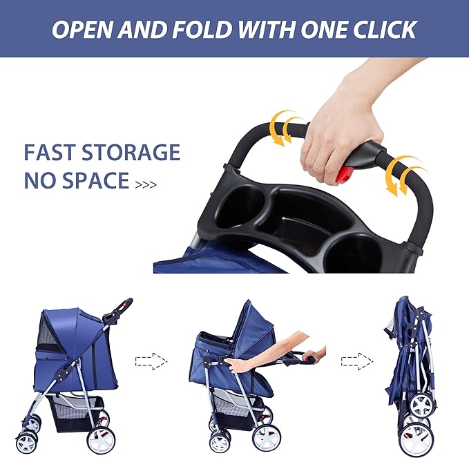 4 Wheels Pet Stroller for Small Medium Dogs Cats 10-33 lbs, Foldable Dog and Cat Stroller with Cup Holder &amp; Storage Basket &amp; Breathable Mesh, Pet Strolling Cart for All-Season, Navy Blue