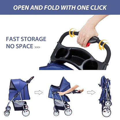 4 Wheels Pet Stroller for Small Medium Dogs Cats 10-33 lbs, Foldable Dog and Cat Stroller with Cup Holder &amp; Storage Basket &amp; Breathable Mesh, Pet Strolling Cart for All-Season, Navy Blue