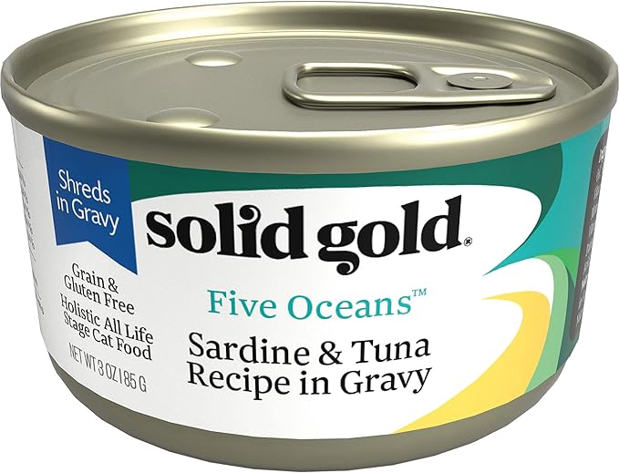 Solid Gold Wet Cat Food Shreds in Gravy - Healthy Canned Cat Food Made w/Real Tuna, Sardine, Vitamins, Minerals &amp; Taurine - Grain Free &amp; Gluten Free Canned Meals for Cats &amp; Kittens - 24ct/3oz Can