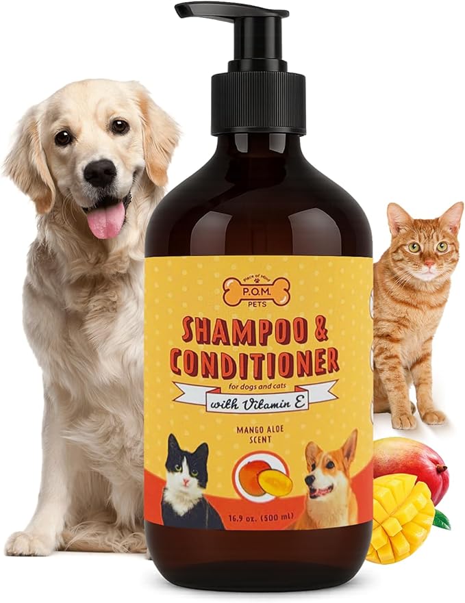 POM Pets 2-in-1 Organic Dog Shampoo &amp; Conditioner – Itchy Skin Relief, Dog Deshedding, Detangles Fur, Cat Shampoo, Paw Cleaner for Dogs, Natural Coat Defense Formula