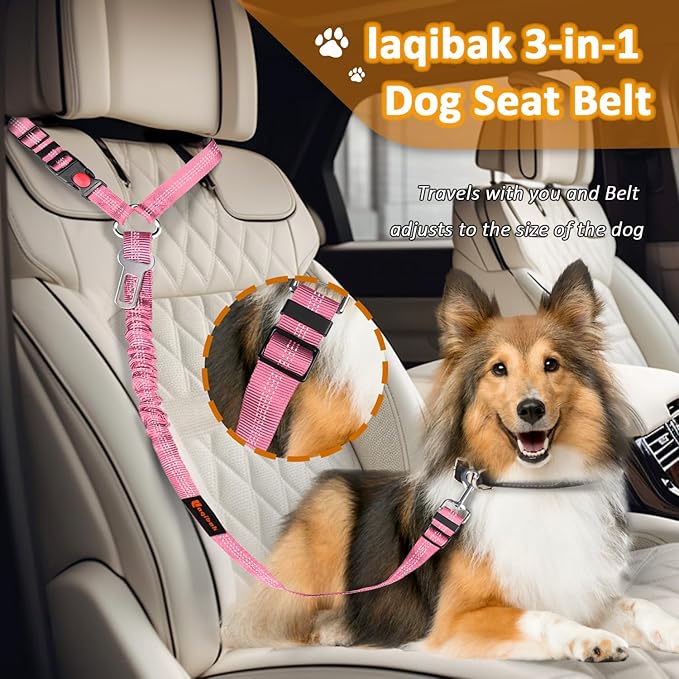 Removable Dog Seat Belt Harness for Car, 3 in 1 Pet Dog Car Seatbelt Leash, Retractable Restraint Secures to Vehicle Headrest &amp; Adjustable Reflective Bungee Dog Seatbelt Tether, Pink and Black