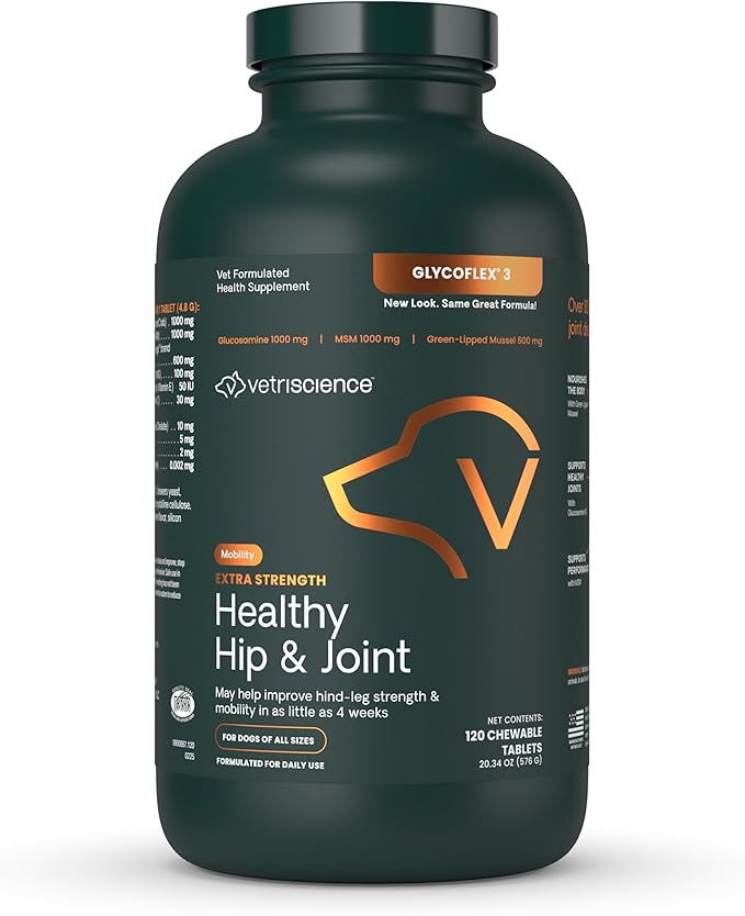 VetriScience Glycoflex 3 Clinically Proven Hip and Joint Supplement for Dogs - Maximum Strength Dog Supplement with Glucosamine, MSM, Green Lipped Mussel &amp; DMG - 120 Chewable Tablets, Chicken Flavor